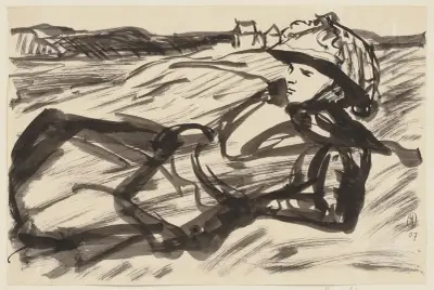 Lying woman with hat av Hermann Lismann
