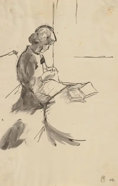 Stickande kvinna, på bordet en liggande bok av Hermann Lismann