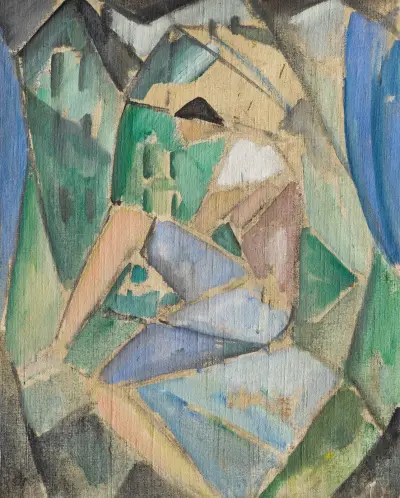 Kubistische Figur mit Häusern av Hermann Stenner