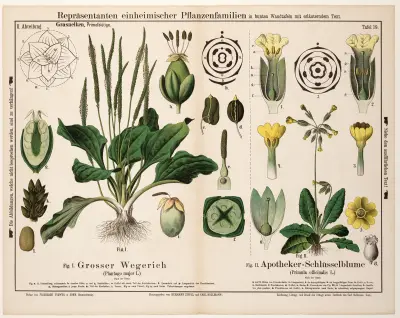 Plantago major, Primula officinalis ; grote weegbree, echte sleutelbloem av Hermann Zippel