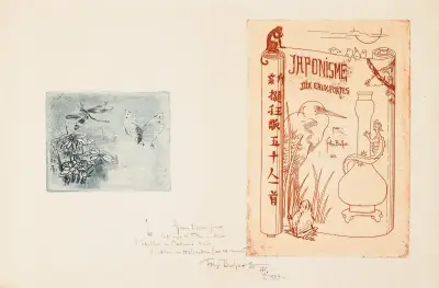 Bokmärke och titelsida från Japonisme av Félix Hilaire Buhot