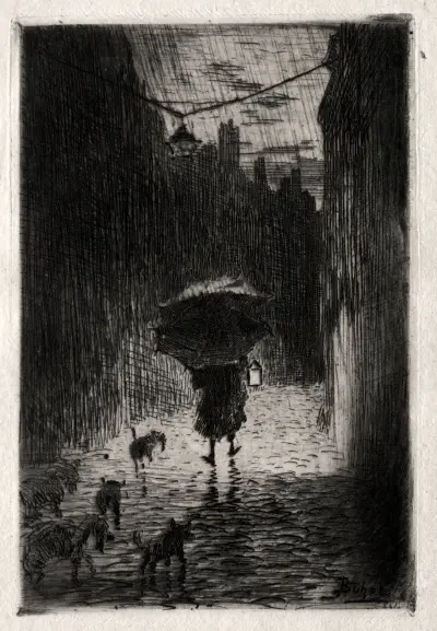 Regn och paraply av Félix Hilaire Buhot