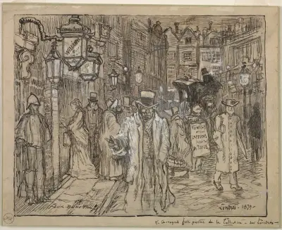 Gatuscen i London av Félix Hilaire Buhot