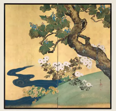 Paulownias and Chrysanthemums av Sakai Hōitsu