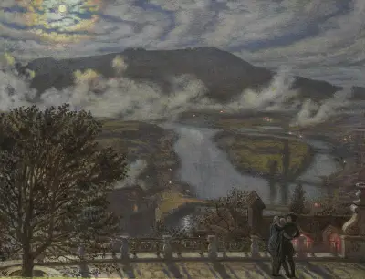 View from a Terrace of a River Landscape at Night av William Holman Hunt