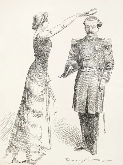 A woman representing Columbia, with a stars and stripes dress, puts a laurel wreath on the head of a man in a military uniform. av Homer Davenport