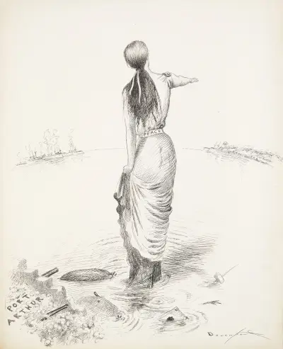 A woman representing peace stands in Port Arthur, filled with skulls and cannons av Homer Davenport