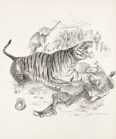 At a circus, a tiger holds a woman and a girl under its paws, and an elephant steps on another woman av Homer Davenport