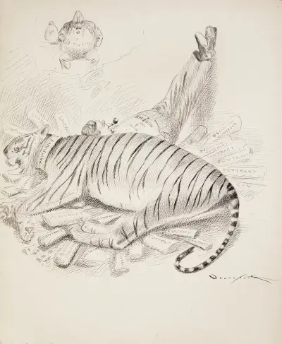 Murphy rests leaning against a large tiger, representing Tammany Hall av Homer Davenport