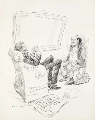 Tidningsutgivaren J. Pulitzer sitter med William Jennings Bryan, som rynkar pannan av Homer Davenport