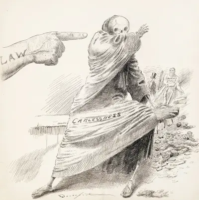 The hand of the law points at a skeleton wearing a robe labeled ‘Carelessness’ av Homer Davenport