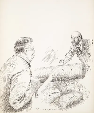 Two men, Taft and Hughes, saw chunks off of a log av Homer Davenport