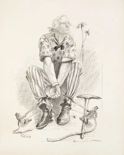 Uncle Sam is tied hand and foot by two miniature men av Homer Davenport