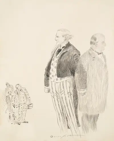 Uncle Sam stands guard between a gentleman and three men lead by a man carrying a bucket of mud and wearing a suit made of cards. av Homer Davenport