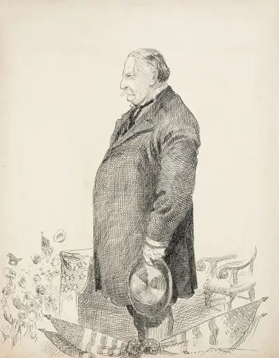 William Howard Taft stands to speak at an event, looking at a cheering crowd. av Homer Davenport