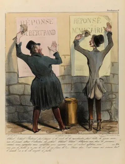Chaud Chaud Bertrand faut pousser à la vente de la marchandise, faut battre la grosse caisse, faire la parade, attir von Honoré Daumier
