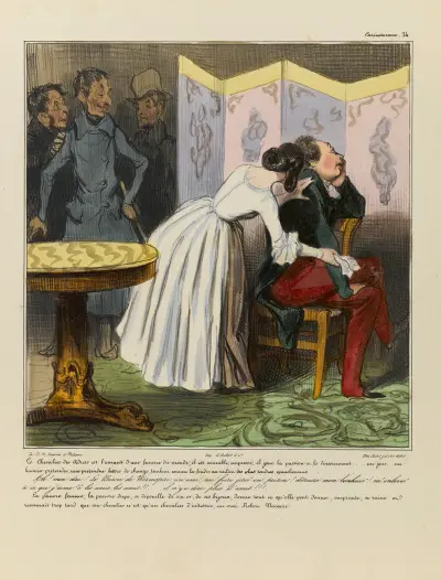 Le chevalier des Adrets est l’amant d’une femme du monde, il est aimable, empressé, il joue la passion et le dévouement von Honoré Daumier