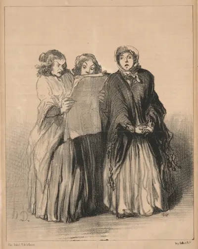 Les délégués du club central socialiste ont à l’unanimité repoussé la candidature de Jeanne Derouin! Oh! les aristos! av Honoré Daumier