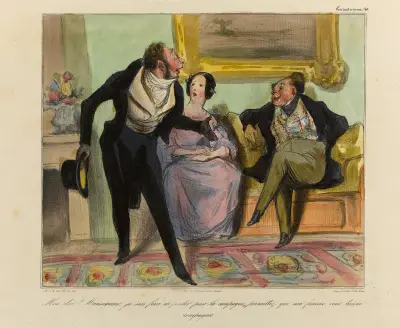 Mon dieu Monseigneur, je suis forcé de partir pour la campagne, permettez que ma femme vous tienne compagnie… av Honoré Daumier