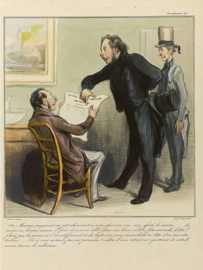Oui, Monsieur, moyennant un petit abonnement a notre assurance vous serez assuré de mourir av Honoré Daumier