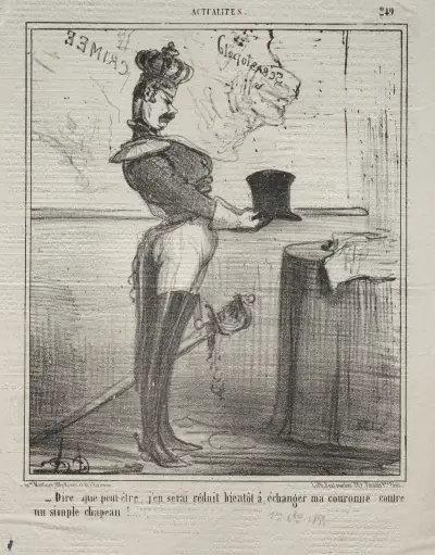 Att tänka sig att jag snart kan tvingas byta ut min krona mot en enkel hatt! av Honoré Daumier