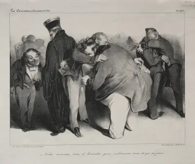 We are all honest men, so let us embrace and be done with it av Honoré Daumier