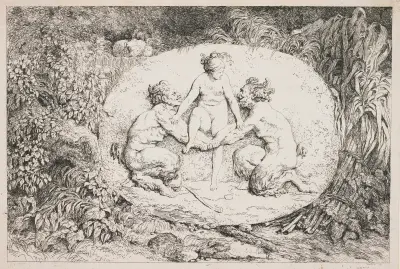 A Nymph Alighting on the Arms of Two Satyrs av Jean-Honoré Fragonard