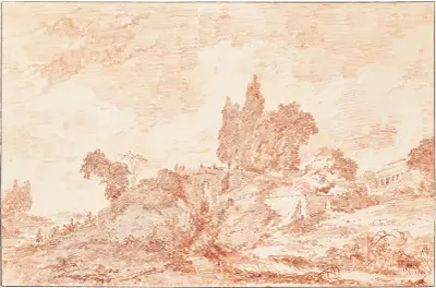 A wooded landscape with a distant villa av Jean-Honoré Fragonard