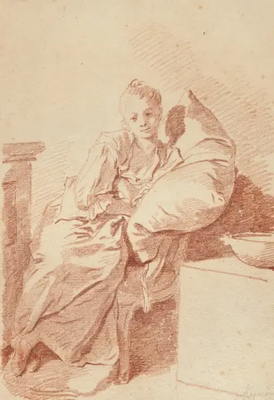 A young girl seated in an interior, leaning against a pillow (‘La Jeune malade’) av Jean-Honoré Fragonard