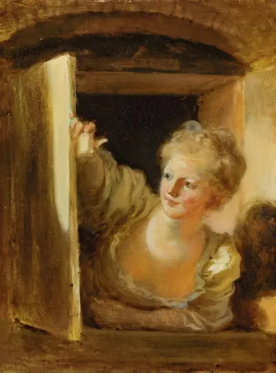 A young woman leaning out of a window av Jean-Honoré Fragonard