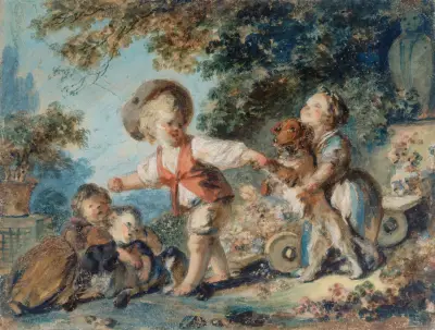 Enfants jouant avec deux chiens av Jean-Honoré Fragonard