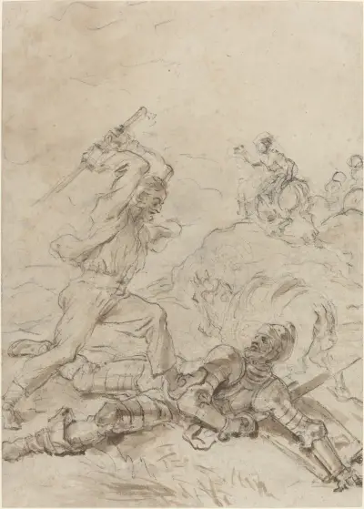 The Muleteer Attacking Don Quixote as He Lies Helpless on the Ground av Jean-Honoré Fragonard