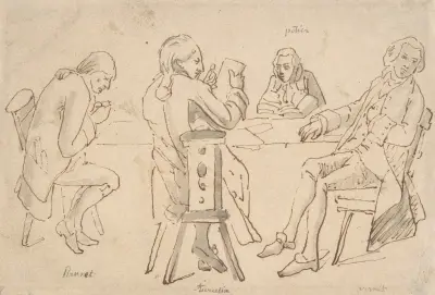 Four Artists seated at a table (Brunet, Potier, Tiercetin, Vernet) av Horace Vernet