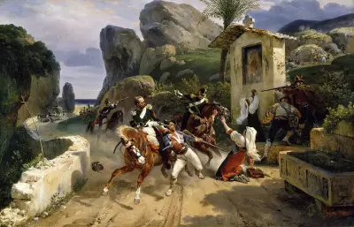 Italienska rövare överraskas av påvliga trupper av Horace Vernet
