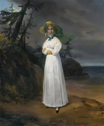 Portrait of the Widow Comtesse Jean-Henri-Louis Greffulhe, née Marie-Françoise-Célestine de Vintimille du Luc, later Comtesse Philippe-Paul de Ségur (1787-1862), in a Landscape av Horace Vernet