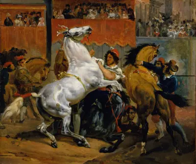 Der Start des Rennens der reiterlosen Pferde von Horace Vernet