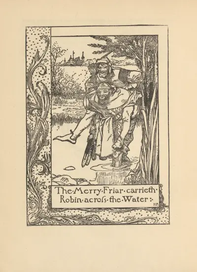 The merry Friar carrieth Robin across the Water av Howard Pyle