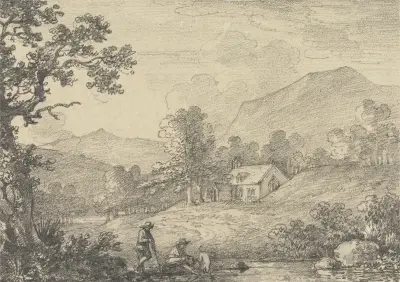 Två figurer vid en damm och en kyrka i ett kuperat landskap av George Howland Beaumont