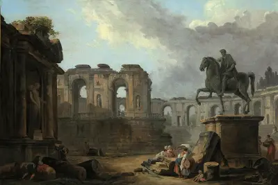 A Roman capriccio with washerwomen by the Statue of Marcus Aurelius av Hubert Robert