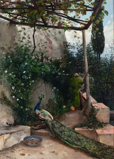 Terrace with Peacock, the Alhambra av Hugo Birger