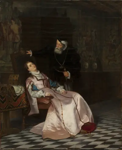Gustav Vasa finds his consort Katarina Stenbock asleep and hears her say; ‘I am very fond of King Gösta, but I will never forget Rosen’ av Hugo Salmson