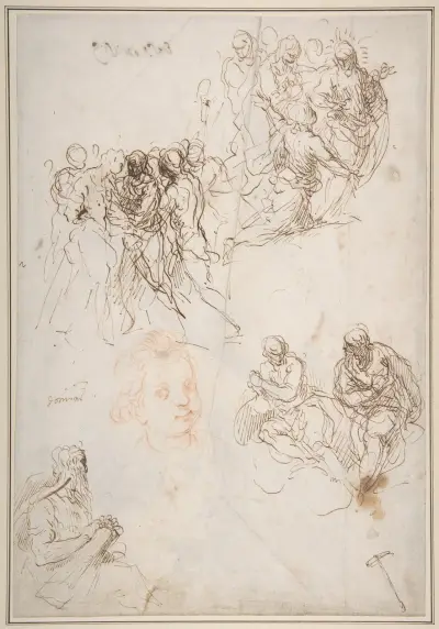 Figurstudier; Kristi gripande, Kristus och den kanaaneiska kvinnan, sittande manliga figurer och ett barnhuvud av Jacopo Palma il Giovane