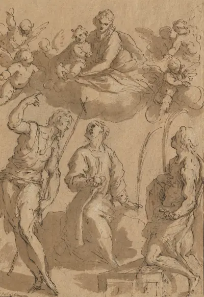 Madonna med barnet i härlighet med helgonen Johannes Döparen, Stefanus och Laurentius av Jacopo Palma il Giovane