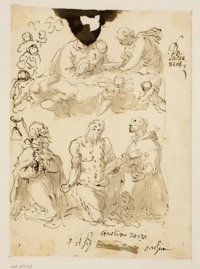 S:t Antonius, S:t Hieronymus och S:t Bernardinus, med Jungfru Maria och Jesusbarnet omgivna av änglar av Jacopo Palma il Giovane
