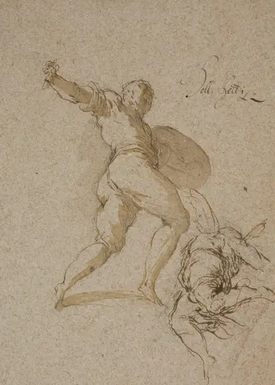 Springande krigare och en flygande ängel sedd bakifrån av Jacopo Palma il Giovane