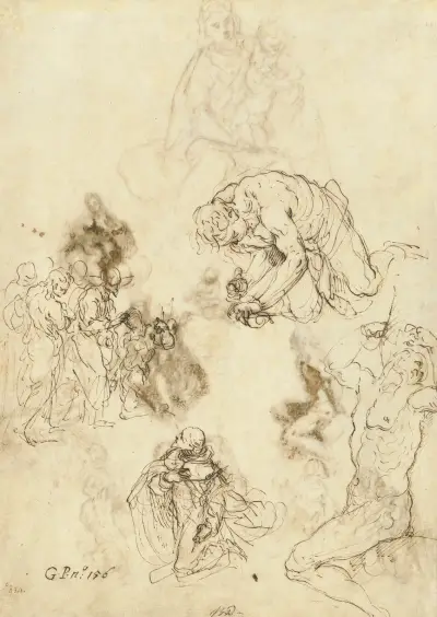 Studier av Kristus som botar den blinde, Sankt Filippo Benizzi och Sankt Sebastian av Jacopo Palma il Giovane