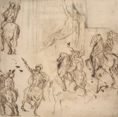 Studier av ryttare och figurstudie för en nedtagning av Jacopo Palma il Giovane