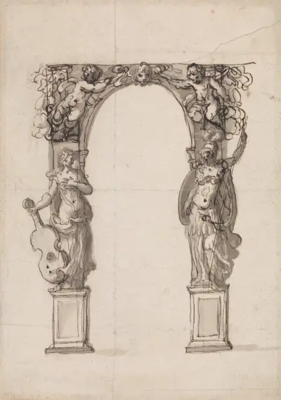Design for a Temporary Arch Ornamented with Putti and Allegorical Figures of Music and War av Inigo Jones