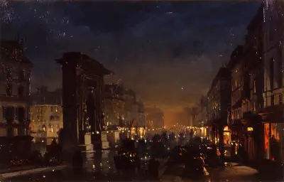 Boulevard et Porte Saint Denis, Olio su Cartoncino Intelato av Ippolito Caffi