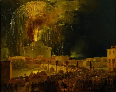 La Girandola Fireworks From Castel Sant’angelo In Rome av Ippolito Caffi